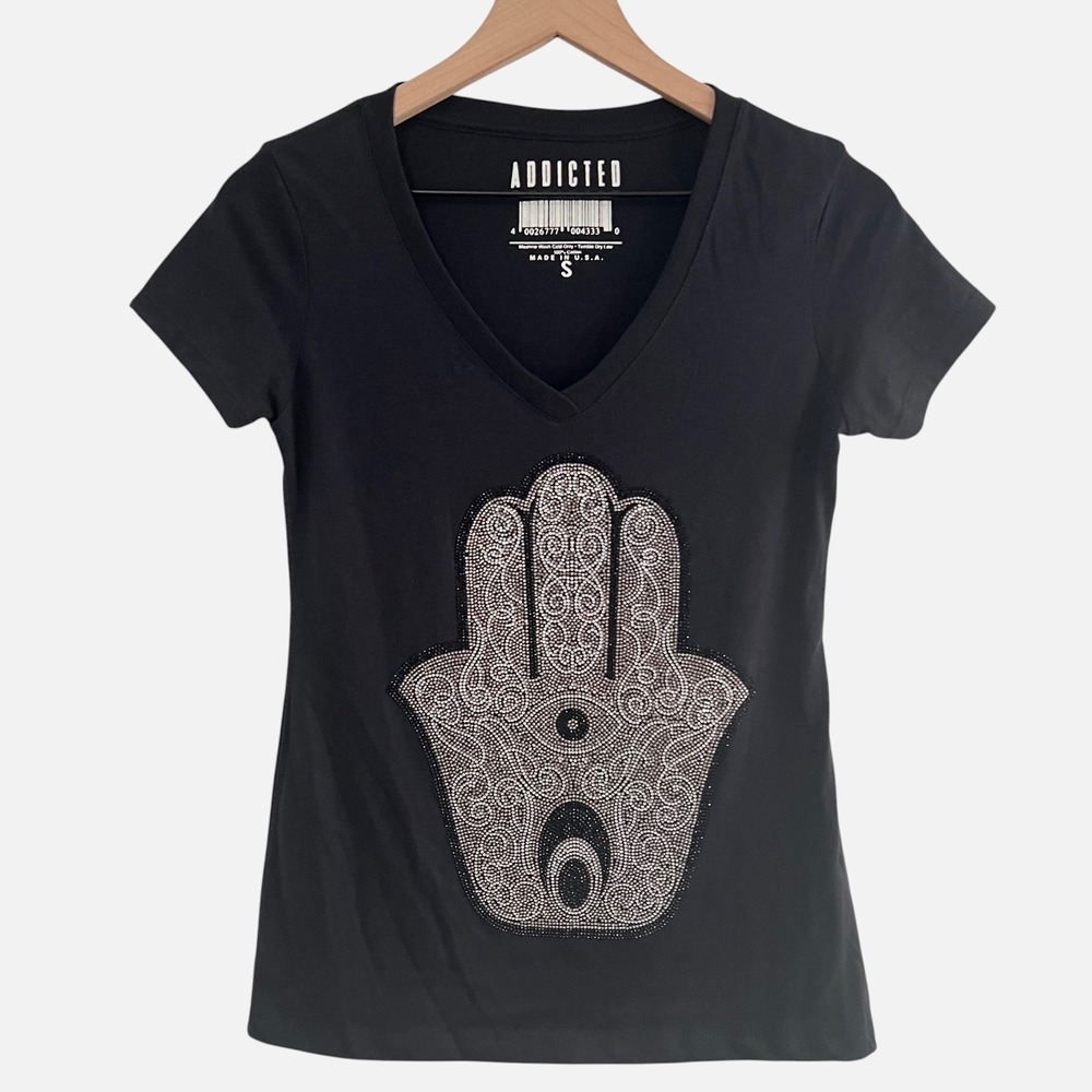Addicted Hamsa Rhinestone V-Neck T-Shirt Small Black Made in USA Fitted Y2K